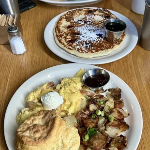 Top: The Universal with sausage, grits, and biscuit with gravy. Middle: side berry pancake. Bottom: Sausage Scramble.