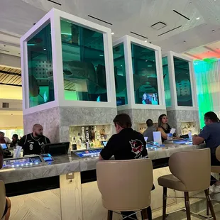 a group of people sitting at a bar