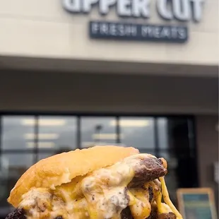 a hand holding a sandwich