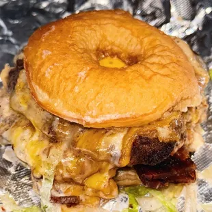 a hamburger and a bagel