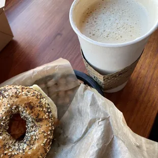 Breakfast Bagel (left), Chai Tea Latte (right)