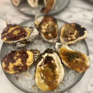 Teriyaki, BBQ bacon and cheese and volcano charbroiled oysters