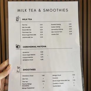 Milk tea &amp; smoothies menu