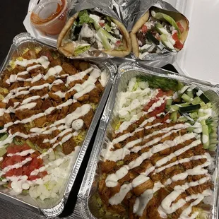 Chicken tikka over rice plate and beef shawarma