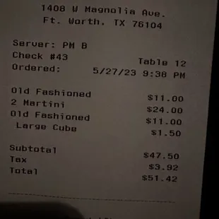 a receipt for a restaurant