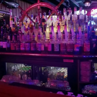 a variety of liquor bottles