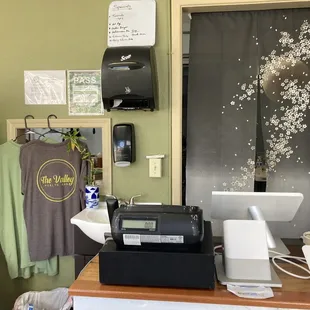 Inside where you order and pay with a small window where you can see them prep your food