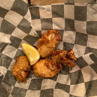 Fried oysters after returning from being refried in kitchen.