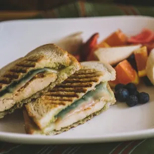 a grilled sandwich and fruit