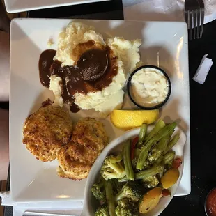 2 crab cakes with 2 sides