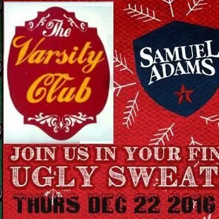 Ugly Christmas Sweater Party at the VC. Enjoy with Samuel Adams! Ho Ho Ho!