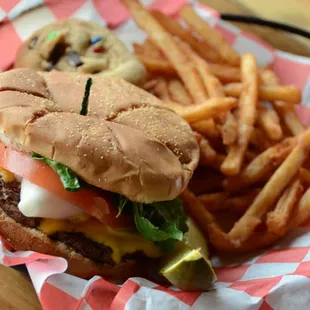 a cheeseburger and french fries