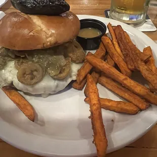 Chile verde burger with sweet potato fries