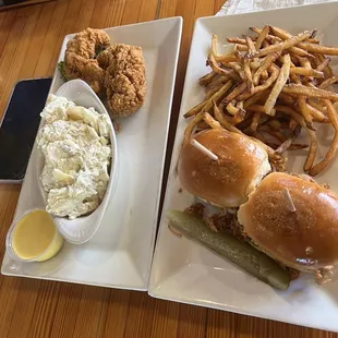 Chicken tenders and potato salad. BBQ Pork sliders and french fries