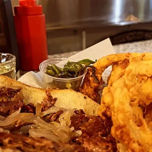 Tri tip sandwich and onion rings