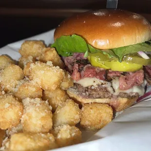 Pastrami burger with garlic tater tots