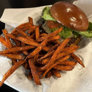Avocado Burger with sweet potato fries. The fries were a little too well done, but still good. The burger was great!