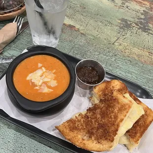 Apple cinnamon grilled cheese with tomato bisque