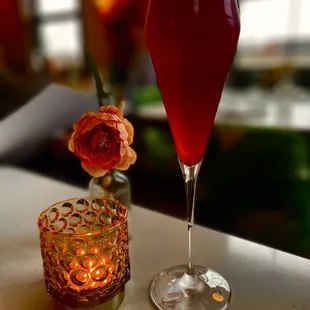 a glass of wine and a candle