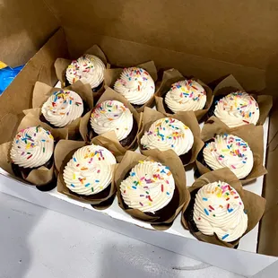 Large chocolate cupcakes with vanilla buttercream and sprinkles.