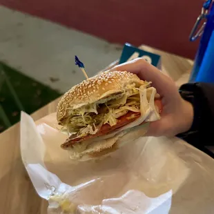 a person holding a sandwich