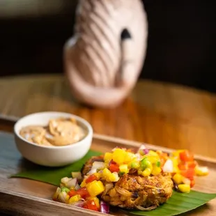 Vegan crab cake with mango salsa and a Velvet Escape cocktail