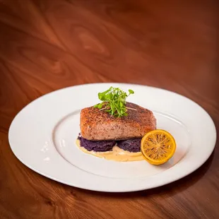 Ora King Salmon - seared or blackened, Okinawa purple potato, lemon beurre blanc