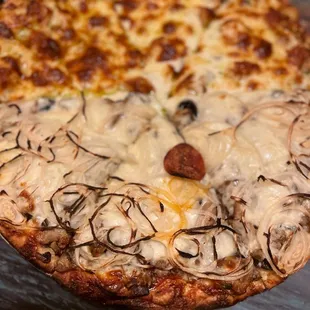 a pizza with mushrooms and cheese