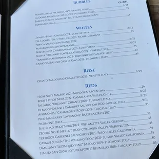 Wine menu