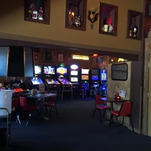 Pinball, buck hunter, lottery, patio, FOOD.