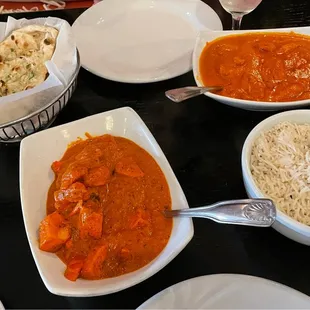 Garlic Naan Bread, Chicken Tikka Masala, Butter Chicken, Steamed Basmati Rice