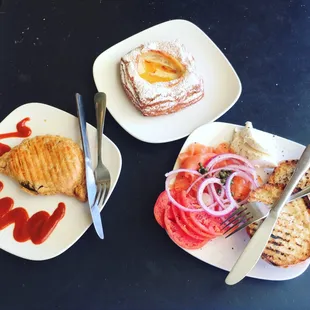 a plate of food and a pastry