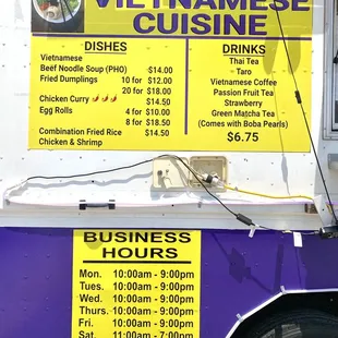 Menu and hours