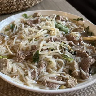 Steak and meatball pho, shrimp summer rolls