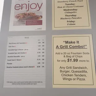a menu for a grill combo