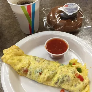 Made to order omelet, bagel with creme cheese, coffee for $4.27 - not bad!