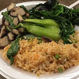 Fried rice. Shiitake mushrooms and baby bok Choy  and broccoli raab   Devoid of any spices or soy sauce.