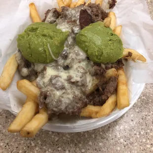 PHILLY CHEESE STEAK FRIES WITH GUACAMOLE!!