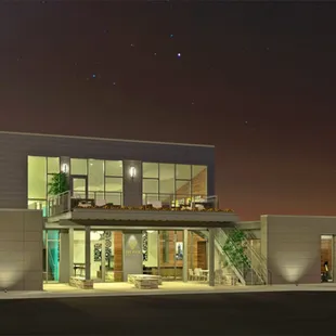 The Holly Ave Clubhouse lights up at night with a variety of LED lighting