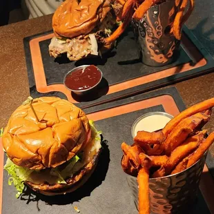 Hot Honey Chicken Sandwich  Genuine Cheese Burger w/ a Veggie Patty&apos;s Sweet Potato Fries