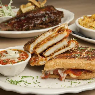 Chicken Parmesan sandwich, Baby back ribs and a side of pimento Mac and cheese.