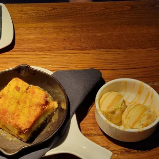 Whaaa!  Butterscotch bread pudding served sizzling hot and accompanied by vanilla ice cream drizzled by ...butterscotch!