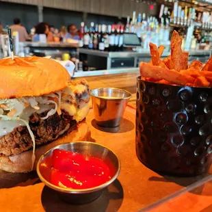 Nashville hot chicken sandwich and sweet potato fries