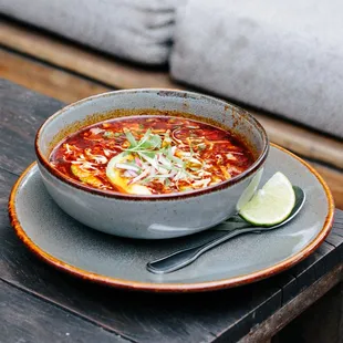 a bowl of soup on a table