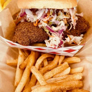 Hot Chicken Sandwich and BBQ rub Fries
