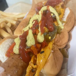 a hot dog with mustard and ketchup