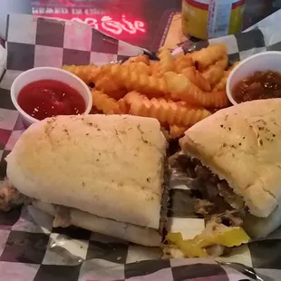 Cheese steak sandwich was tasty.