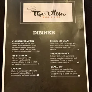 Dinner Menu at The Villa October 2023