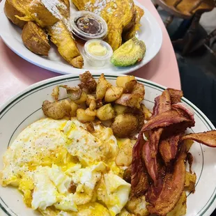 Eggs, bacon, country potatoes, French toast