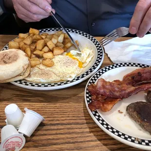 Sausage, bacon, egg, potatoes and muffin